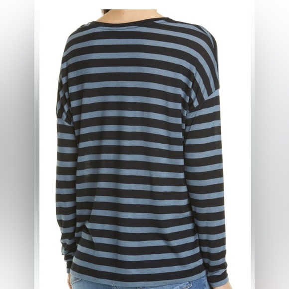 Vince Drop Shoulder Stripe Tee Long Dolman Sleeve Women’s Size Small Blue Black - Picture 2 of 7